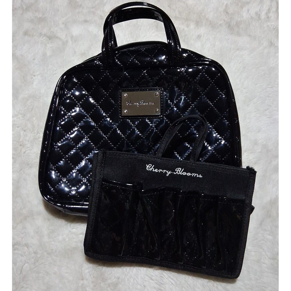 Cherry Blooms Black Soft Leather Quilted Cosmetic Bag + Organizer